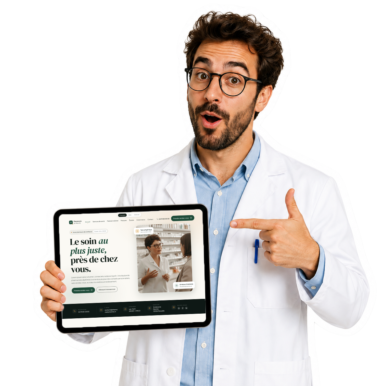 Pharmacien surpris découvrant le site web de sa pharmacie sur une tablette