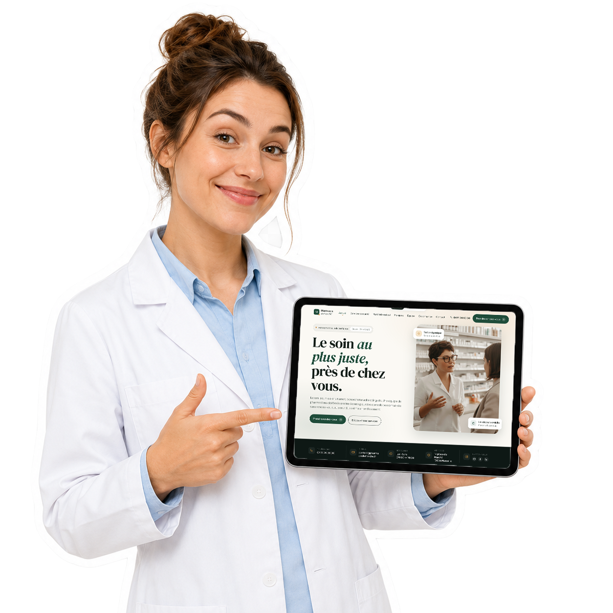 Pharmacienne présentant le site web de sa pharmacie sur une tablette